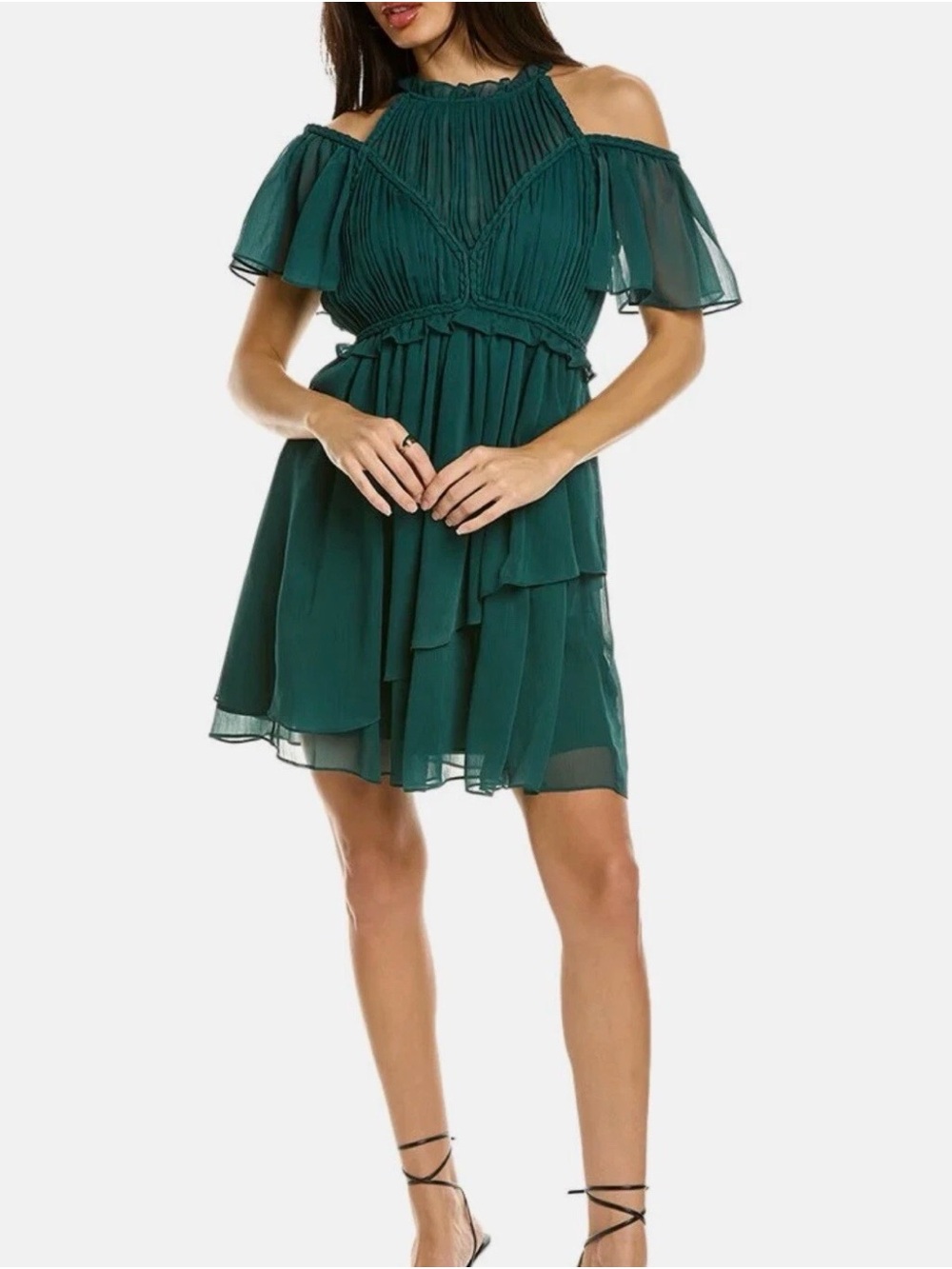 Ted Baker London Teal Green Cold-Shoulder Tiered Chiffon Mini Dress